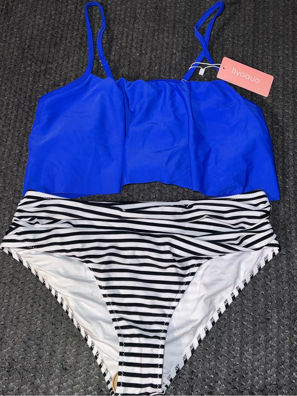 Women’s Royal Blue Tankini Top with Black & White Stripe Bottoms
